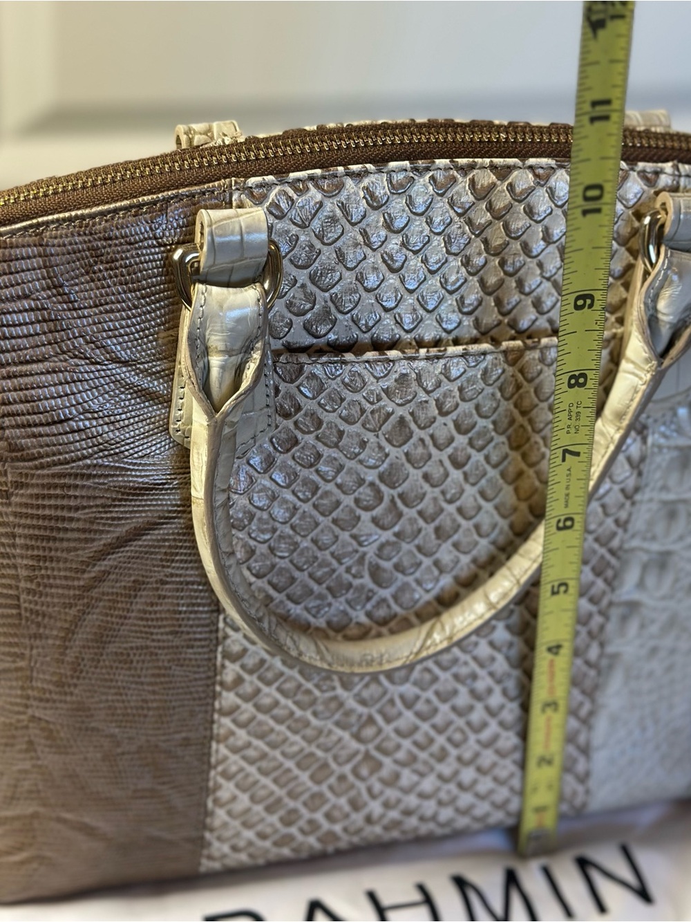 Brahmin Metallic Gold and Cream Croc-Embossed Satchel - Picture 3 of 5
